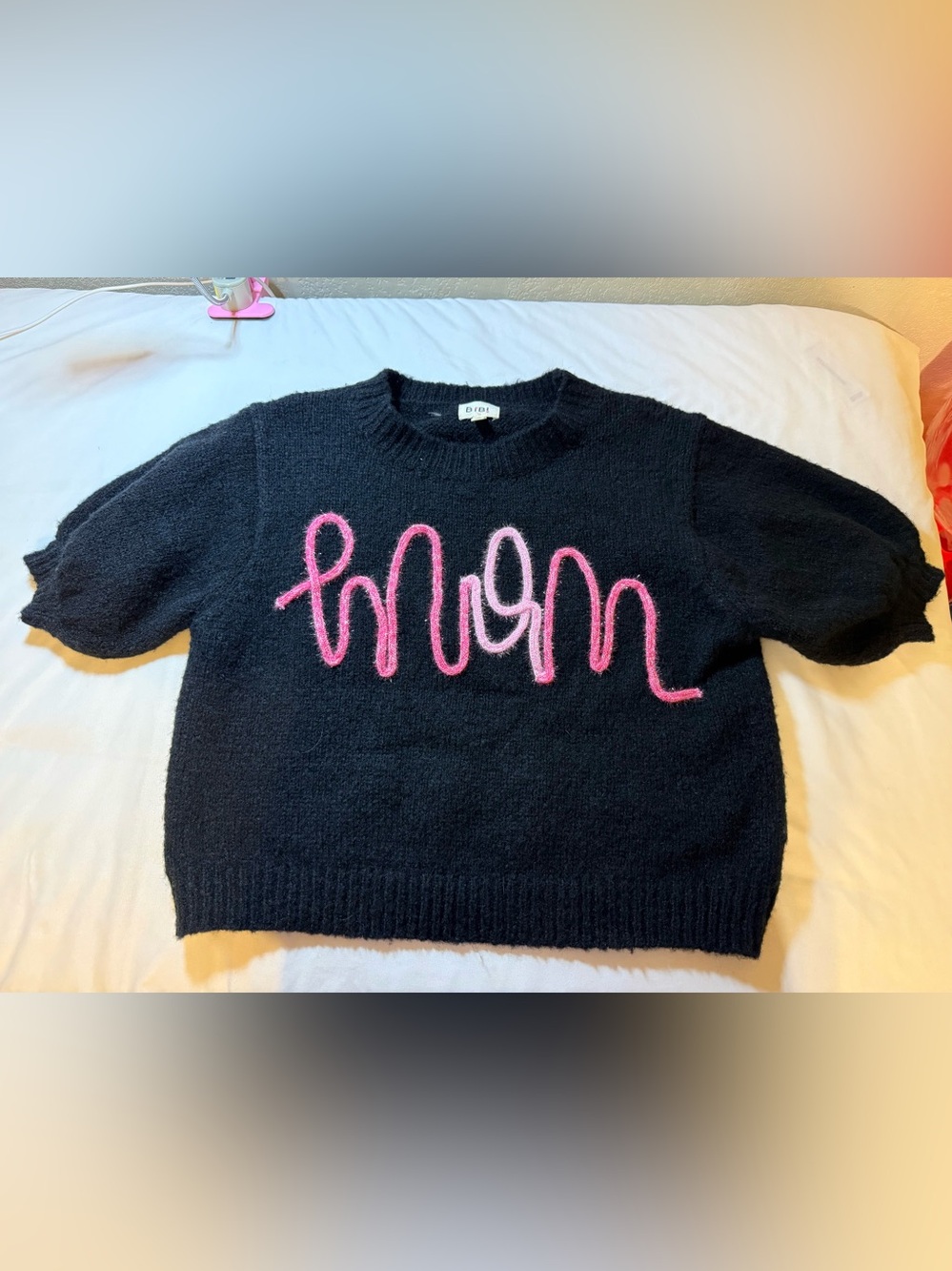 BiBi Black Crewneck Sweater with Pink Script Detail